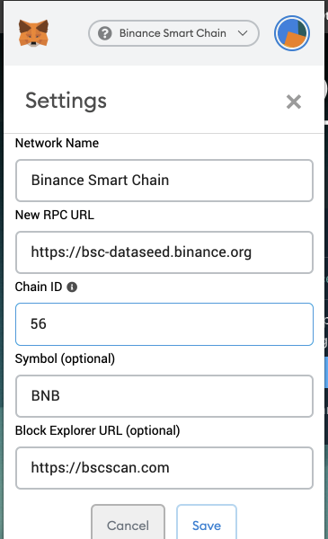 تنظیمات binance smart chain در متامسک